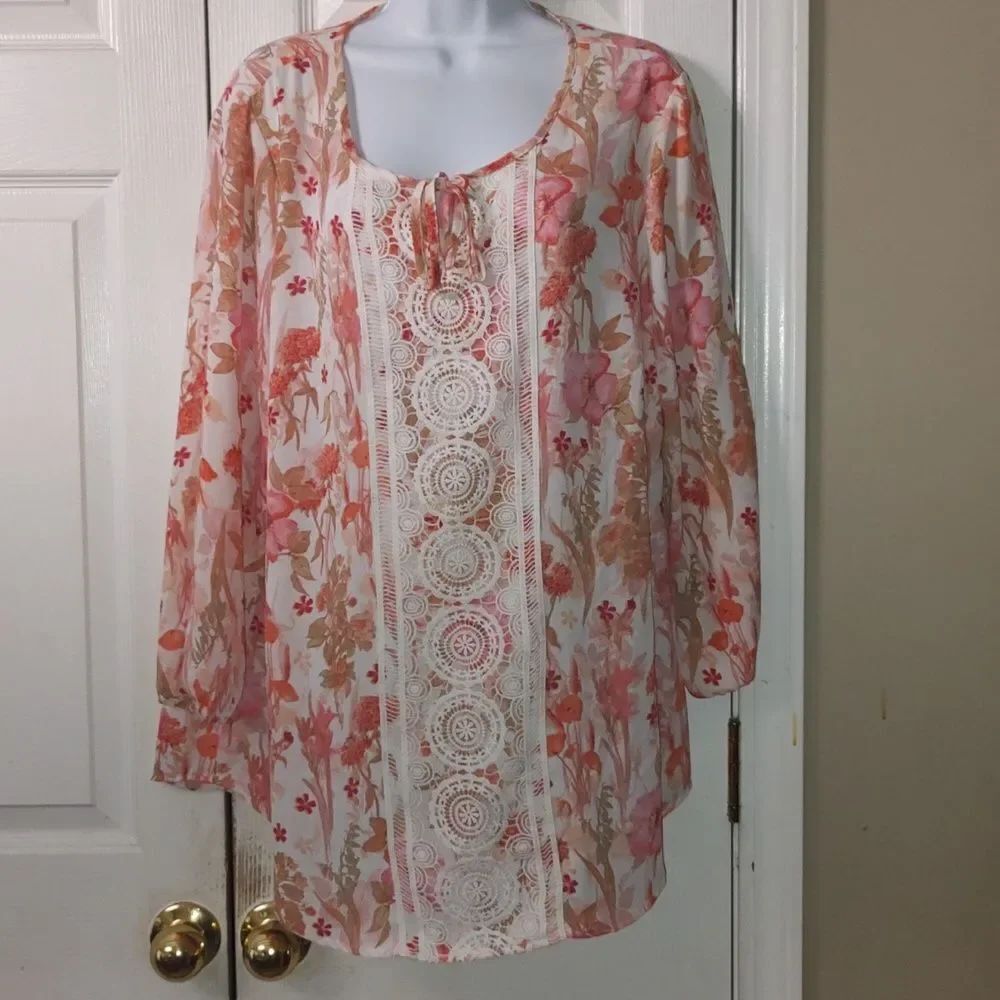 New Directions peach pink tan cream floral print tunic Sz 1X NWOT